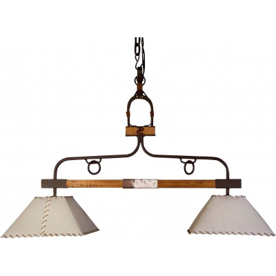 Hanging lamp Campiluz 80W 110×100 cm. Estribo de piel de 2 brazos con pantalla Leather, metal casting and wood. Antique brown and black Color