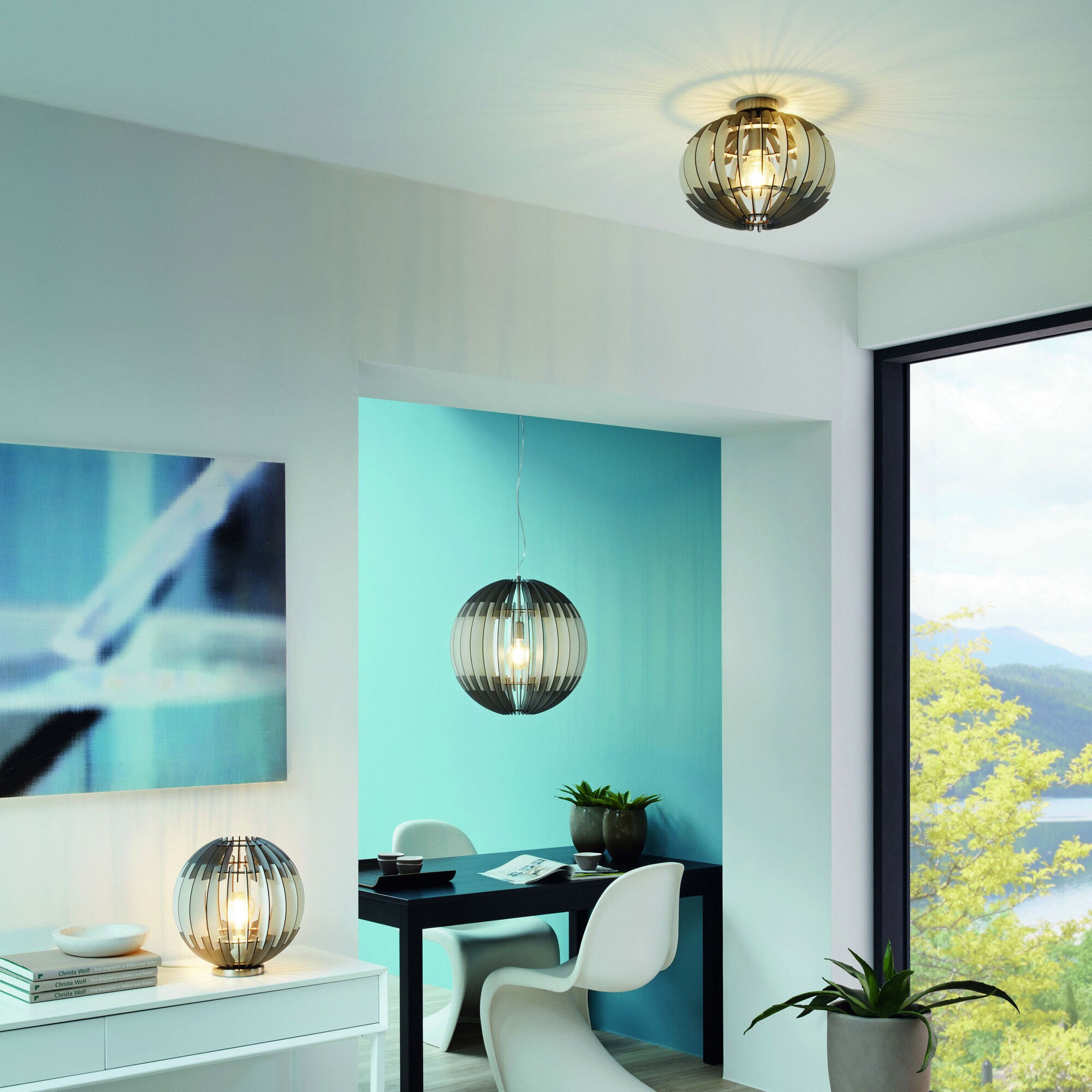 49,95 € Spedizione Gratuita | Lampada da tavolo Eglo Olmero Ø 30 cm. Acciaio e legna. Colore bianca, grigio, nichel e nichel opaco