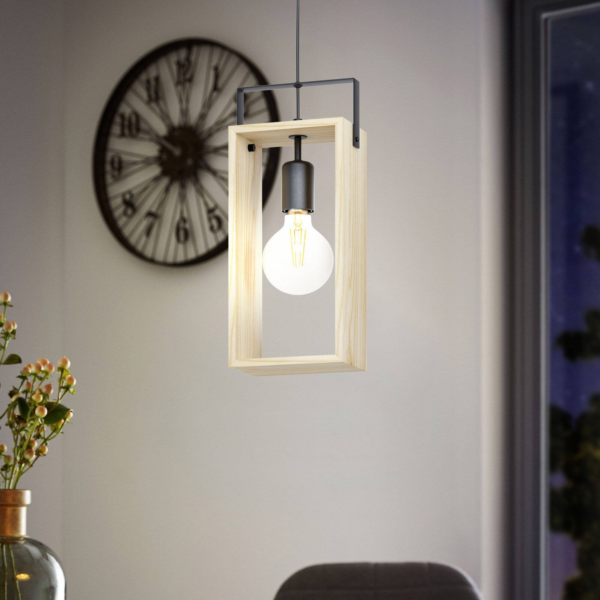 41,95 € Kostenloser Versand | Hängelampe Eglo Famborough 110×16 cm. Stahl und holz. Schwarz und natürlich Farbe