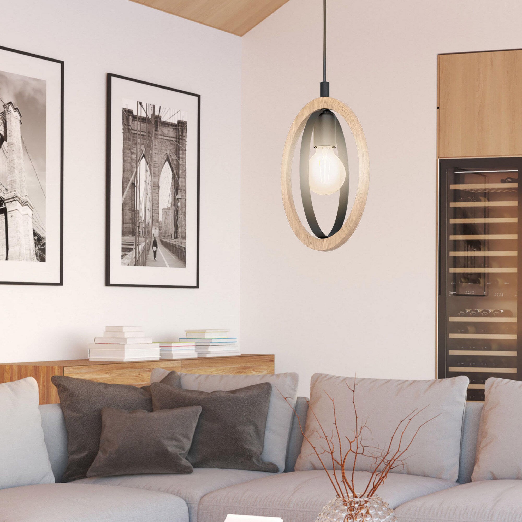 48,95 € Free Shipping | Hanging lamp Eglo Basildon 110×19 cm. Steel and wood. Brown and black Color