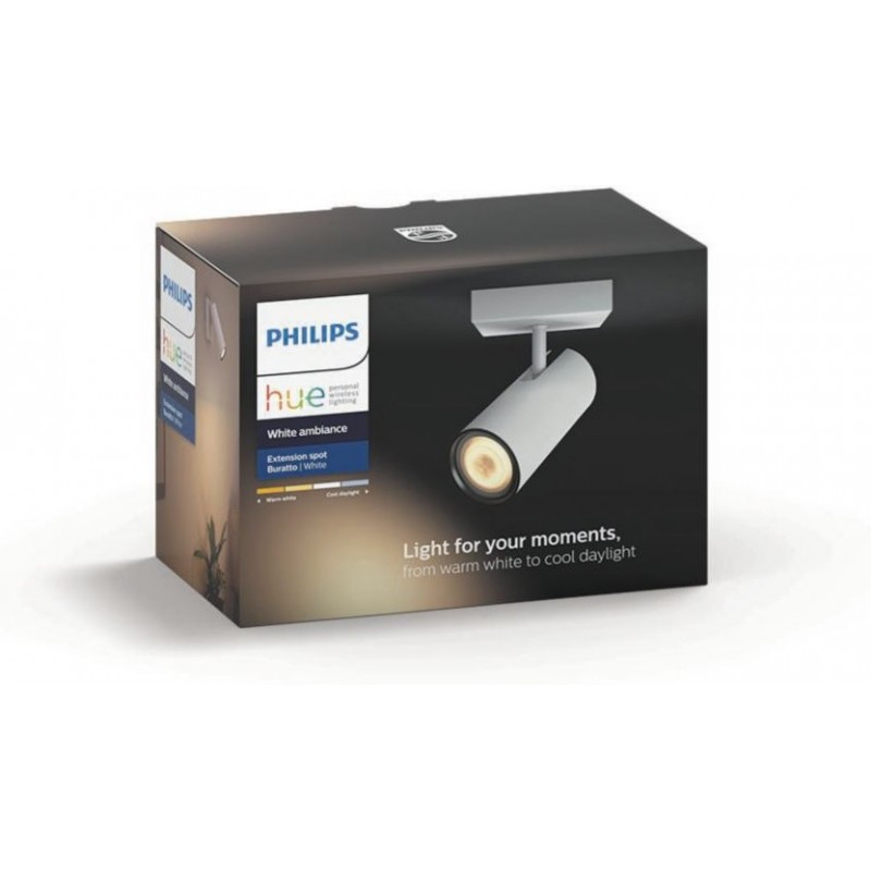 58,95 € Free Shipping | Indoor spotlight Philips Buratto 5W Cylindrical Shape 14×11 cm. Extendable Focus. Smart control with Hue Bridge Lobby and showcase. Modern Style. White Color