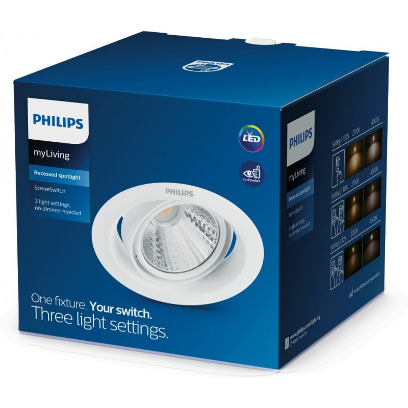 9,95 € Free Shipping | Recessed lighting Philips Pomeron 3W Round Shape Ø 11 cm. Downlight Living room, lobby and store. Modern Style. White Color