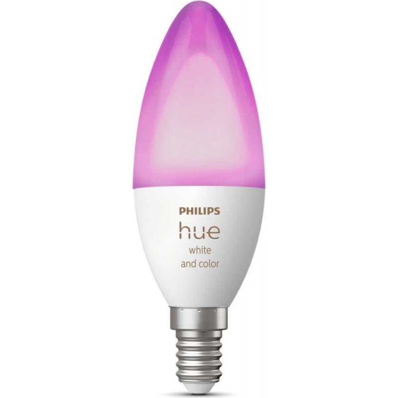46,95 € Free Shipping | Remote control LED bulb Philips Hue White & Color Ambiance 5.2W E14 LED Ø 3 cm. Integrated White / Multicolor LED. Bluetooth Control with Smartphone App or Voice