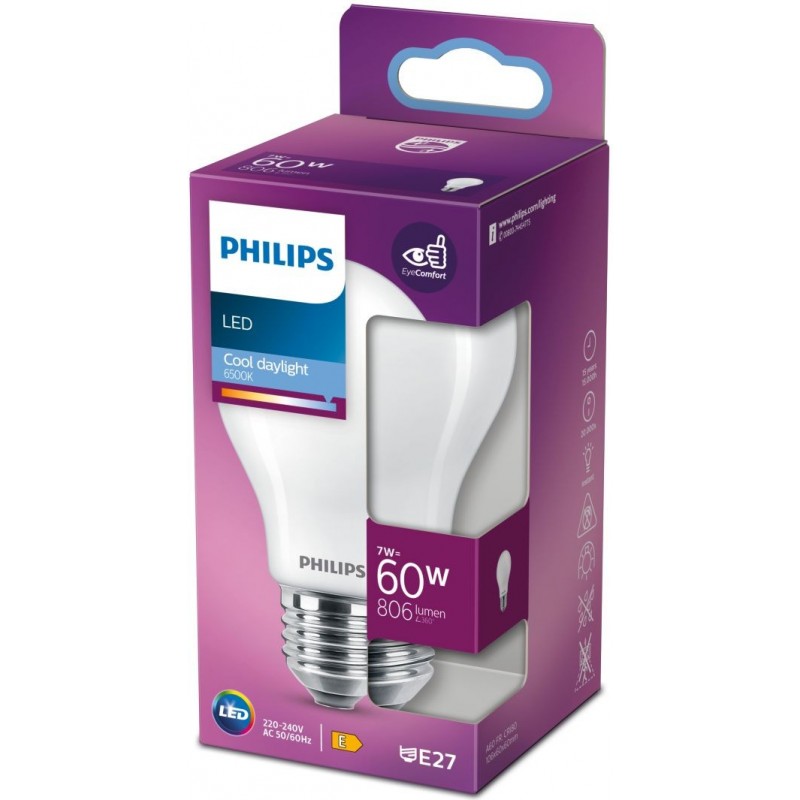 4,95 € Free Shipping | LED light bulb Philips LED Classic 7W E27 LED 6500K Cold light. 11×7 cm