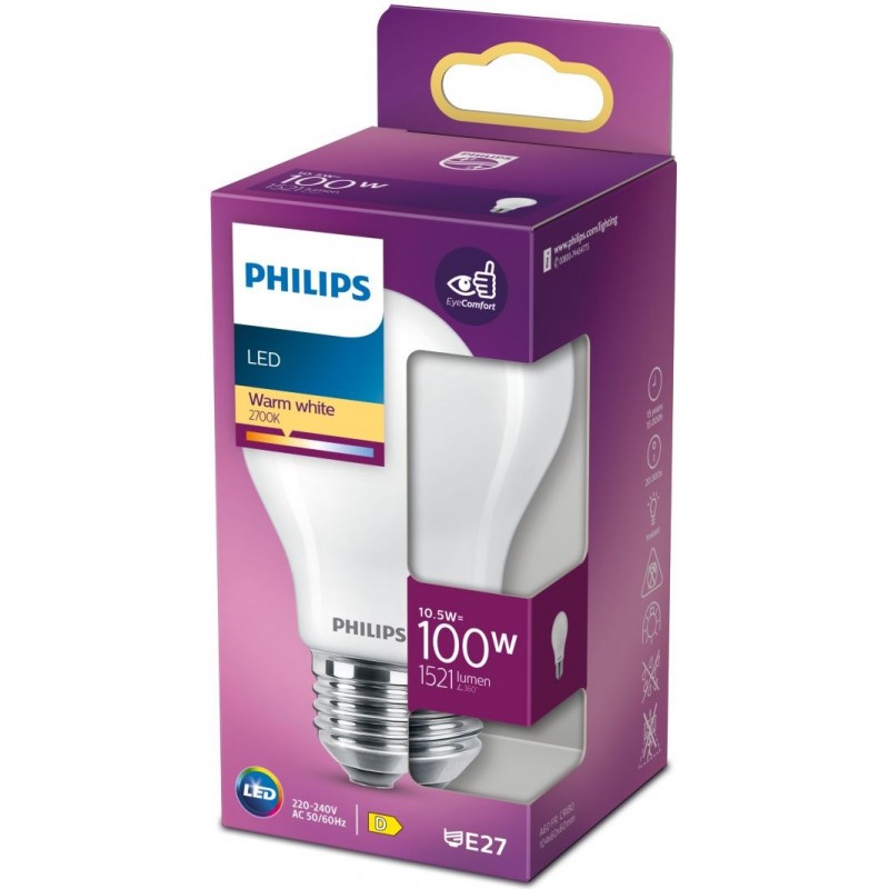 8,95 € Free Shipping | LED light bulb Philips LED Classic 10.5W E27 LED 2700K Very warm light. 10×7 cm