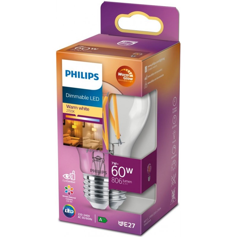 7,95 € Free Shipping | LED light bulb Philips LED Classic 7W E27 LED 2500K Very warm light. 11×7 cm. Dimmable