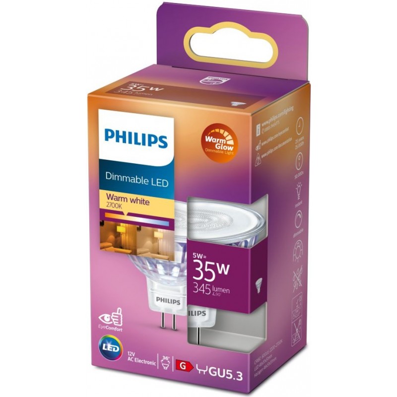 11,95 € Free Shipping | LED light bulb Philips LED Spot 5W GU5.3 LED 2500K Very warm light. 5×5 cm. Dimmable