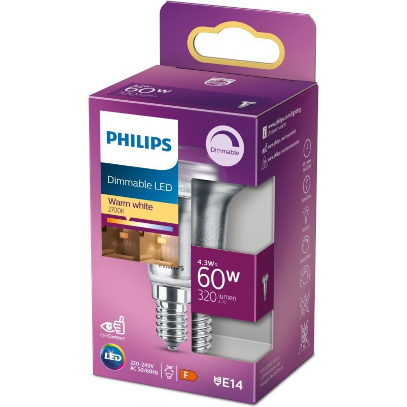 7,95 € Free Shipping | LED light bulb Philips LED Classic 4.5W E14 LED 2700K Very warm light. 8×5 cm. Dimmable Reflector