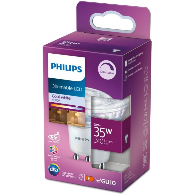 6,95 € Free Shipping | LED light bulb Philips LED Classic 3W GU10 LED 4000K Neutral light. 5×5 cm. Dimmable