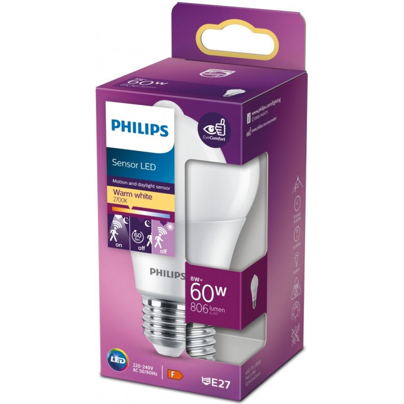 10,95 € Free Shipping | LED light bulb Philips LED Sensor 8W E27 LED 2700K Very warm light. 12×7 cm