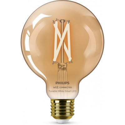 Lampadina LED Philips Smart LED Wi-Fi 7W 14×11 cm. Filamento d'ambra. Wi-Fi + Bluetooth. Controllo con WiZ o app vocale Stile vintage. Cristallo