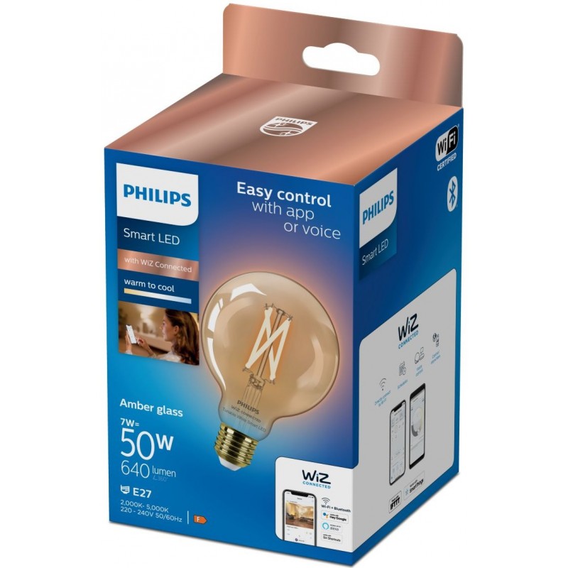18,95 € Free Shipping | LED light bulb Philips Smart LED Wi-Fi 7W 14×11 cm. Amber filament. Wi-Fi + Bluetooth. Control with WiZ or Voice app Vintage Style. Crystal