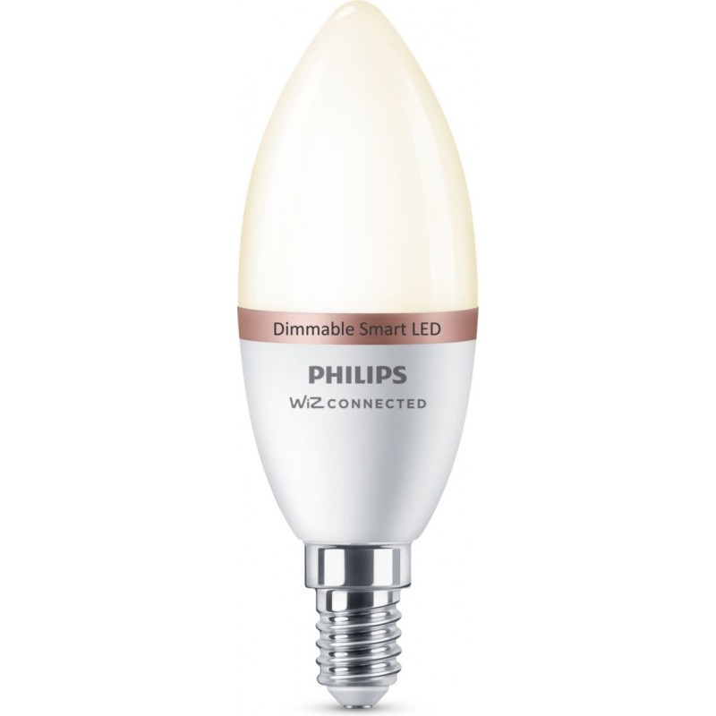 12,95 € Free Shipping | LED light bulb Philips Smart LED Wi-Fi 4.8W 2700K Very warm light. 12×7 cm. LED Candle Light. Adjustable Wi-Fi + Bluetooth. Control with WiZ or Voice app Pmma and polycarbonate