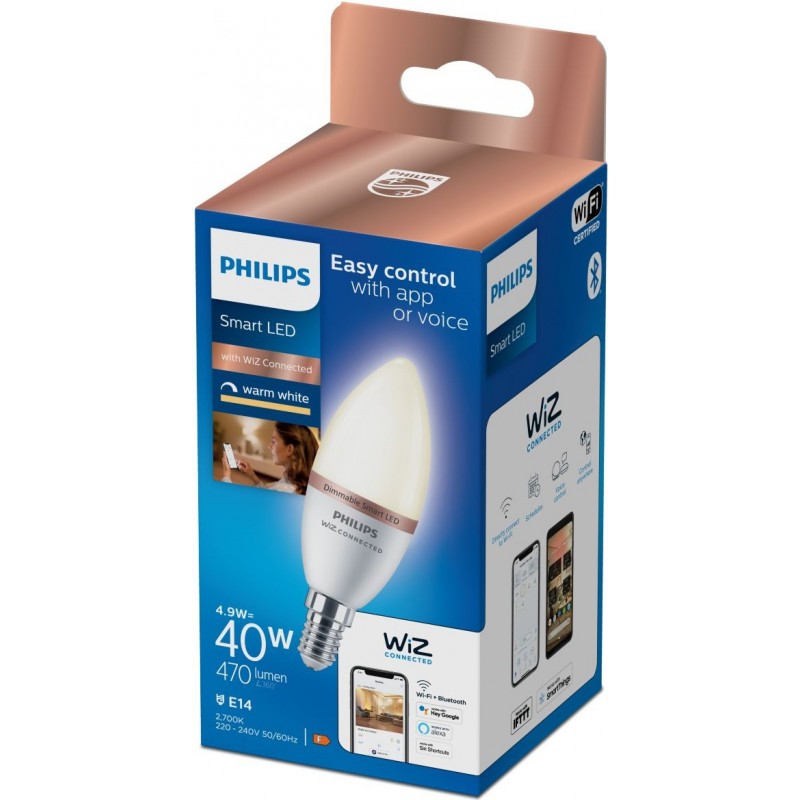 12,95 € Free Shipping | LED light bulb Philips Smart LED Wi-Fi 4.8W 2700K Very warm light. 12×7 cm. LED Candle Light. Adjustable Wi-Fi + Bluetooth. Control with WiZ or Voice app Pmma and polycarbonate