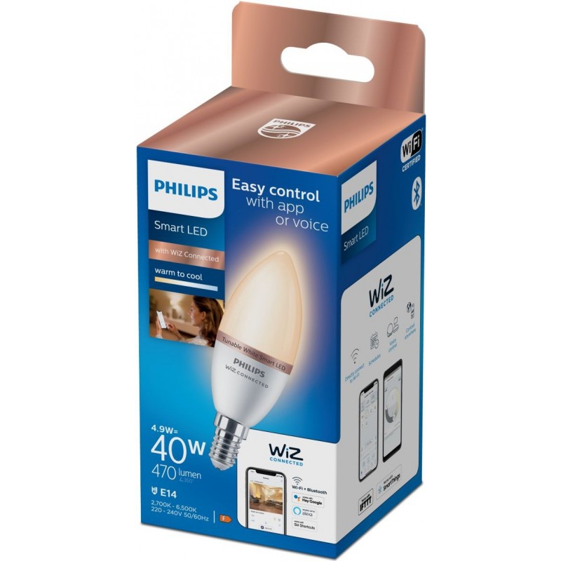 12,95 € Free Shipping | LED light bulb Philips Smart LED Wi-Fi 4.8W 12×7 cm. LED Candle Light. Wi-Fi + Bluetooth. Control with WiZ or Voice app Pmma and polycarbonate
