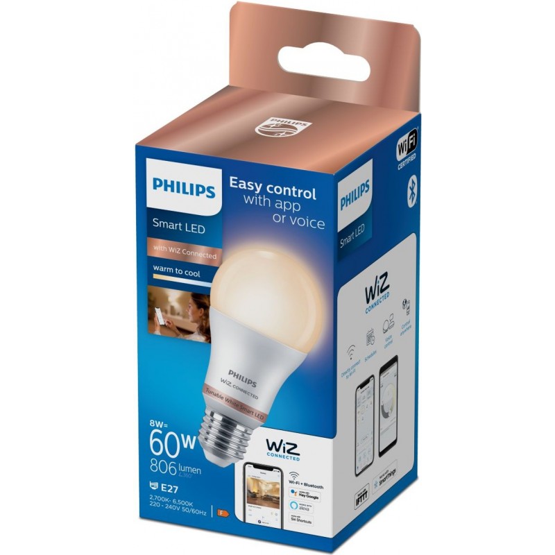 12,95 € Free Shipping | LED light bulb Philips Smart LED Wi-Fi 8W 12×7 cm. Wi-Fi + Bluetooth. Control with WiZ or Voice app Pmma and polycarbonate