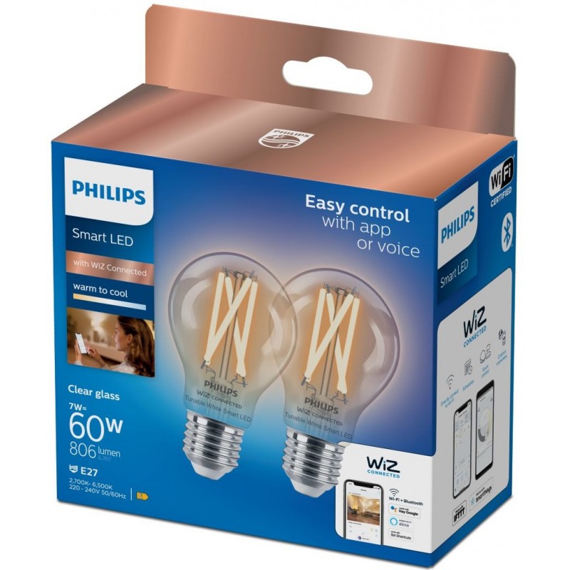 27,95 € Free Shipping | LED light bulb Philips Smart LED Wi-Fi 7W 11×7 cm. Transparent filament. Wi-Fi + Bluetooth. Control with WiZ or Voice app Vintage Style. Crystal