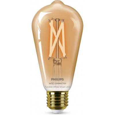 Lampadina LED Philips Smart LED Wi-Fi 7W 14×9 cm. Filamento d'ambra. Wi-Fi + Bluetooth. Controllo con WiZ o app vocale Stile vintage. Cristallo