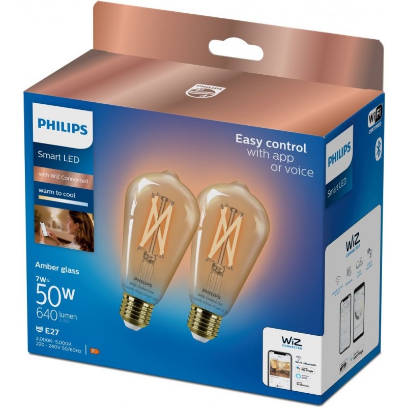 31,95 € Free Shipping | LED light bulb Philips Smart LED Wi-Fi 7W 14×9 cm. Amber filament. Wi-Fi + Bluetooth. Control with WiZ or Voice app Vintage Style. Crystal