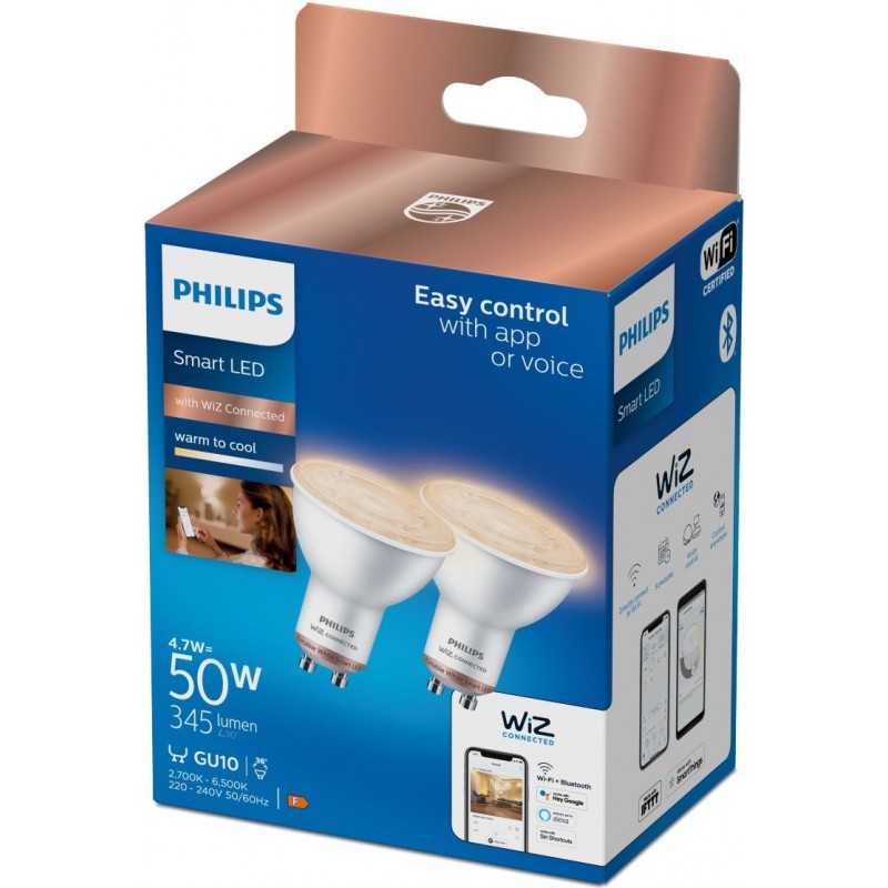 28,95 € Free Shipping | LED light bulb Philips Smart LED Wi-Fi 4.8W 7×6 cm. Spot PAR16. Wi-Fi + Bluetooth. Control with WiZ or Voice app Pmma and polycarbonate