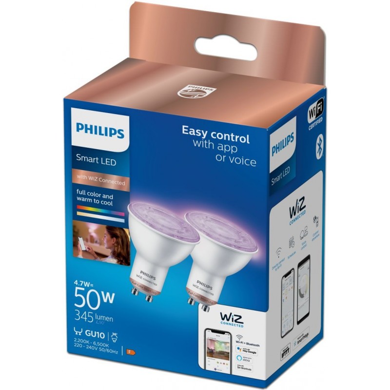 34,95 € Free Shipping | LED light bulb Philips Smart LED Wi-Fi 4.8W 7×6 cm. Spot PAR16. Wi-Fi + Bluetooth. Control with WiZ or Voice app Pmma and polycarbonate
