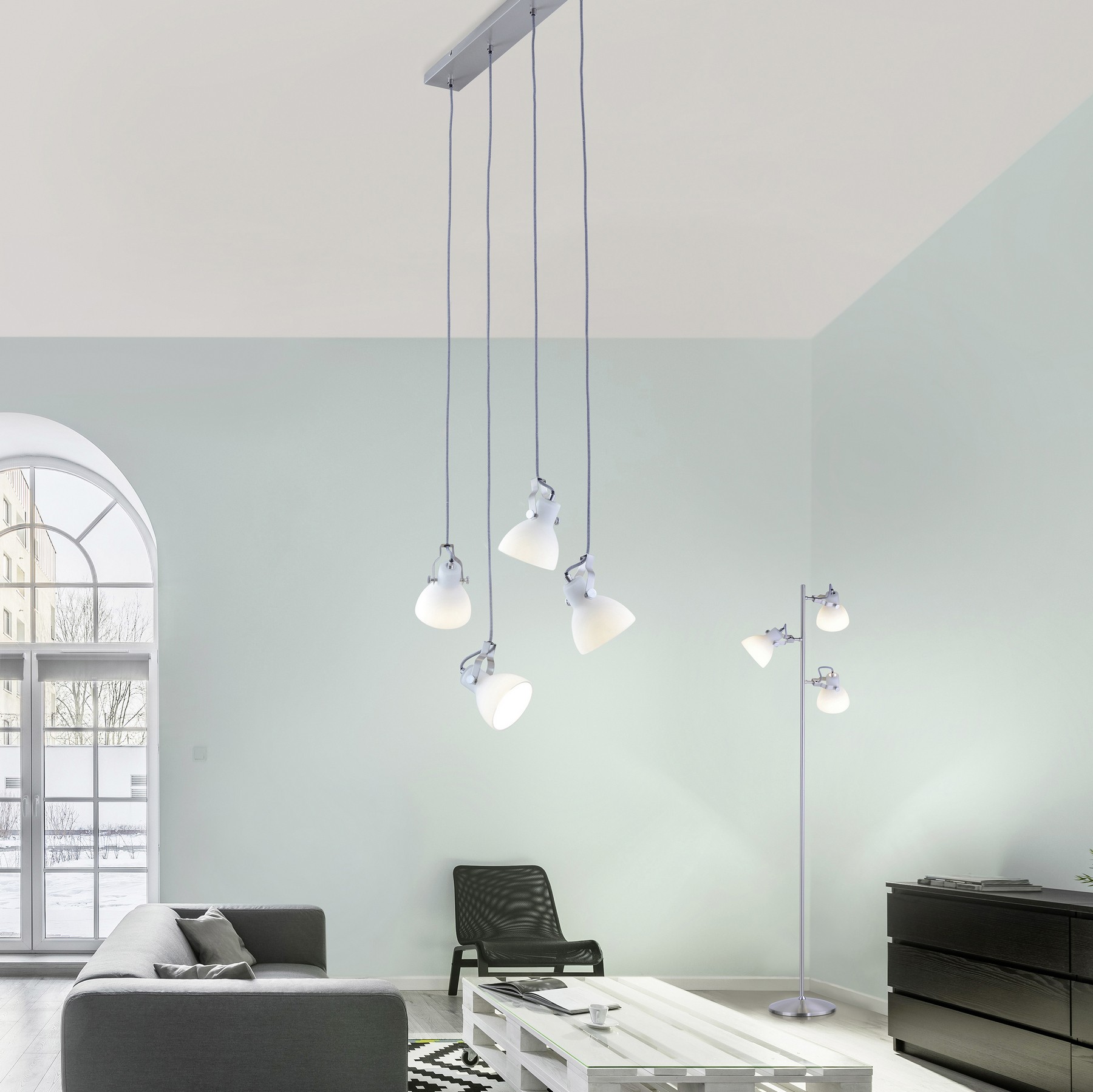 76,95 € Kostenloser Versand | Hängelampe Trio Ginelli 150×70 cm. Metall. Matt nickel Farbe