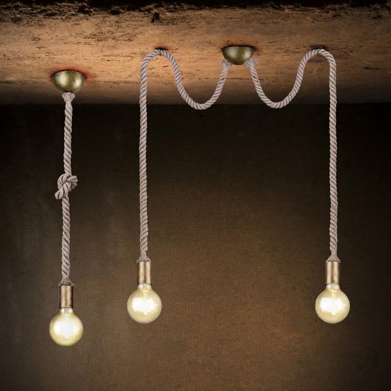 59,95 € Free Shipping | Hanging lamp Trio Rope Ø 12 cm. Living room and bedroom. Vintage Style. Metal casting. Old copper Color
