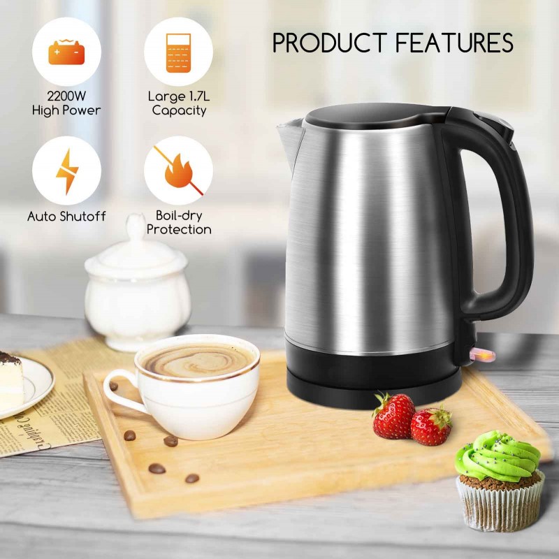 19,95 € Free Shipping | Kitchen appliance 2200W 24×22 cm. Electric water kettle. Protection against dry boiling. 1.7 liters Stainless steel. Black Color