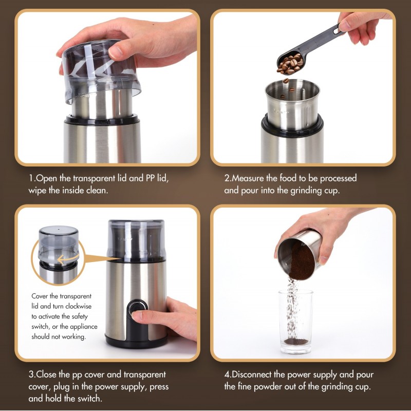27,95 € Free Shipping | Kitchen appliance 200W 20×10 cm. Electric and compact grinder for coffee, spices, seeds and grains. Removable. stainless steel blades ABS and Stainless steel. Stainless steel and black Color