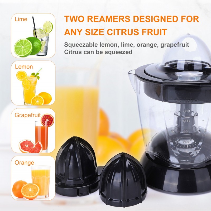 19,95 € Free Shipping | Kitchen appliance 40W 22×21 cm. Electric juicer. 2 cone sizes. Adjustable filter for pulp. Bidirectional rotation. 1 liter ABS. Black Color