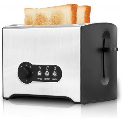 Küchengerät 900W 28×18 cm. 2-Scheiben-Toaster. Herausnehmbare Krümelschublade. Aufwärm- und Auftaufunktion Rostfreier Stahl und PMMA. Schwarz und silber Farbe