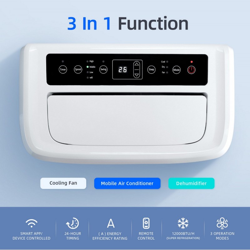 494,95 € Free Shipping | Pedestal fan 1300W 76×47 cm. Smart Portable Air Conditioner with WiFi connection. Dehumidifier. Led screen. Remote control ABS, Steel and Aluminum. White Color