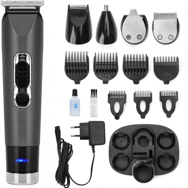 23,95 € Free Shipping | Personal care 3W 16×4 cm. 5 in 1 razor and beard trimmer. Cordless. Includes 7 guide combs and 5 heads ABS and Stainless steel. Gray Color