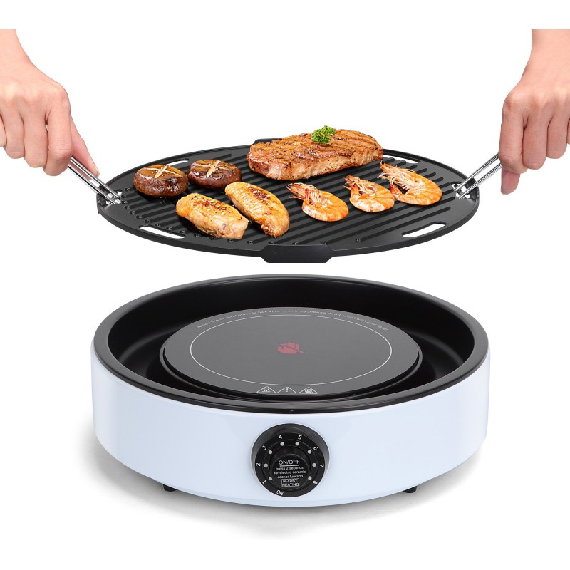 66,95 € Free Shipping | Kitchen appliance 2000W 34×34 cm. Multi-function and portable electric cooktop. Non-stick grill. Grease collection tray Ceramic. Blue Color