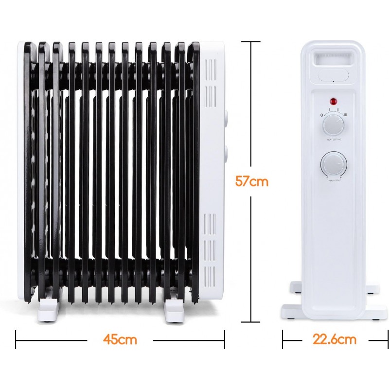 86,95 € Free Shipping | Heater 2500W 57×45 cm. Portable oil radiator. 13 elements. 3 power levels. rollover protection Steel. White and black Color