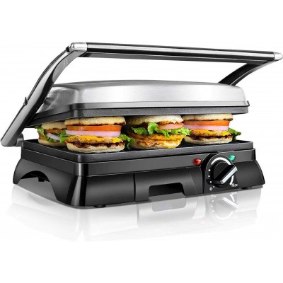 62,95 € Free Shipping | Kitchen appliance 2000W 36×34 cm. Electric grill. Grill, Panini and Sandwich Maker. Thermostat. Floating top plate. Oil collection tray Aluminum. Black and silver Color
