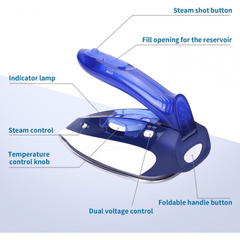 19,95 € Free Shipping | Home appliance 1100W 20×10 cm. Steam iron. Folding handle for travel use ABS, PMMA and Polycarbonate. Blue Color