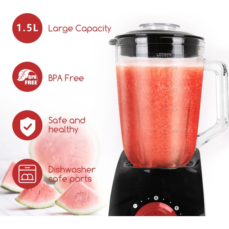 56,95 € Free Shipping | Kitchen appliance 750W 39×20 cm. American glass blender. ice crusher 4 stainless steel blades. 1.5 liter glass jug Glass. Black and red Color