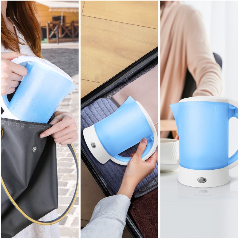 11,95 € Free Shipping | Kitchen appliance 600W 17×16 cm. Electric water kettle. Compact for travel. Includes cups and spoons. Auto power off. 600ml PMMA and Polycarbonate. Blue Color