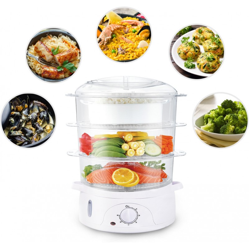 37,95 € Free Shipping | Kitchen appliance 800W 40×31 cm. Electric steamer for steaming food. 3 cooking containers PMMA. White Color