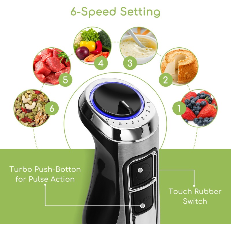 41,95 € Free Shipping | Kitchen appliance 1000W 38×6 cm. 4-in-1 set. Hand blender, chopper and mixing rod. 6 speeds. Includes measuring cup ABS and PMMA. Stainless steel and black Color