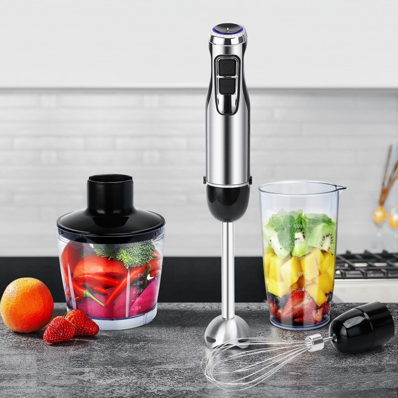 41,95 € Free Shipping | Kitchen appliance 1000W 38×6 cm. 4-in-1 set. Hand blender, chopper and mixing rod. 6 speeds. Includes measuring cup ABS and PMMA. Stainless steel and black Color