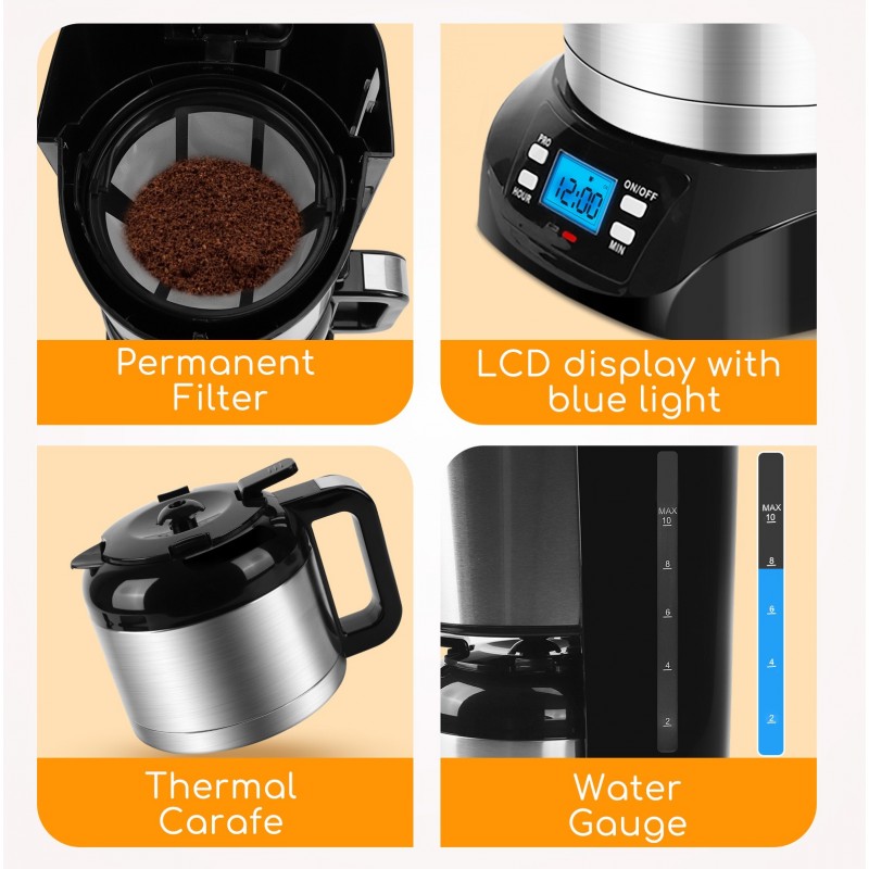56,95 € Free Shipping | Kitchen appliance 800W 33×23 cm. Coffee maker. Drip coffee machine. LCD screen. Non-drip. Thermal jug. 1.2 liters PMMA. Black Color