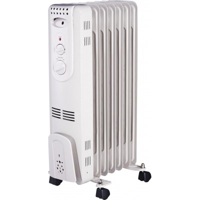Calefactor 1500W 68×39 cm. Radiador portátil de aceite con ruedas. 7 elementos. 3 ajustes de potencia y control termostático de temperatura Acero. Color blanco