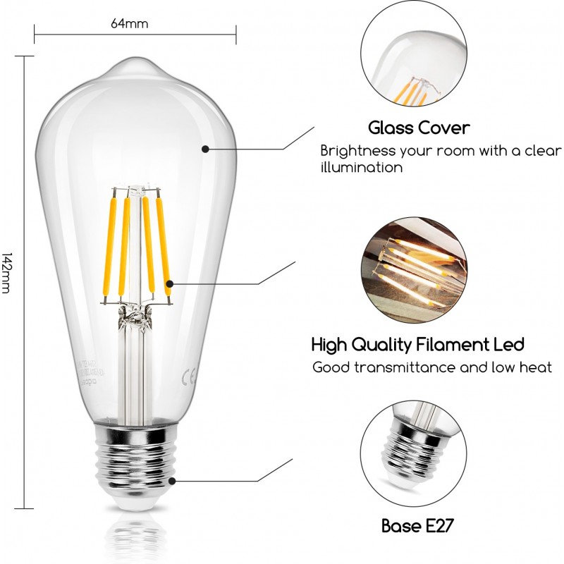 11,95 € Free Shipping | 5 units box LED light bulb 4W E27 LED ST64 2700K Very warm light. Ø 6 cm. LED filament Crystal