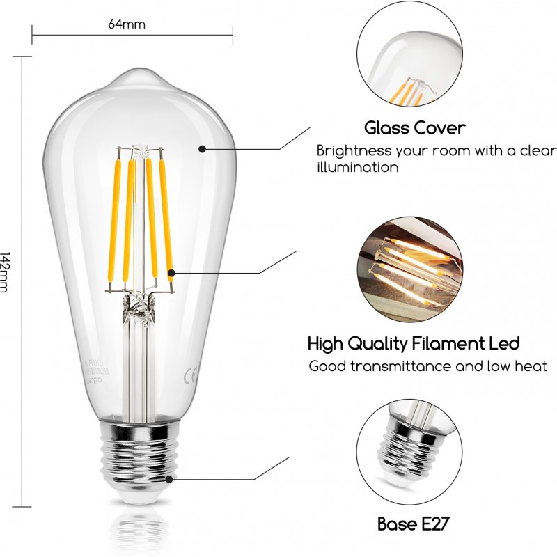 13,95 € Free Shipping | 5 units box LED light bulb 8W E27 LED ST64 2700K Very warm light. Ø 6 cm. LED filament Crystal