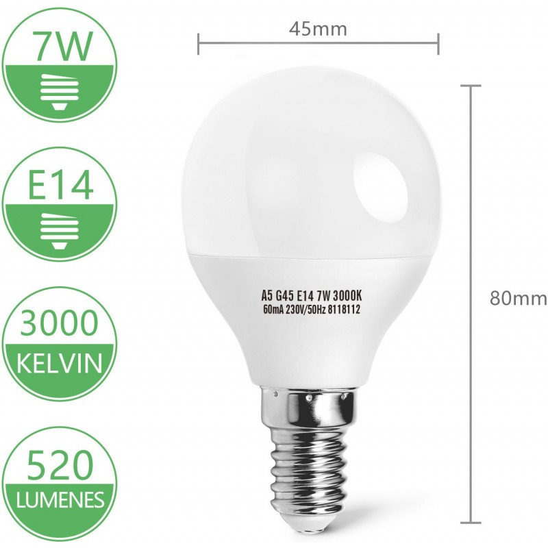 7,95 € Free Shipping | 5 units box LED light bulb 7W E14 LED 3000K Warm light. Ø 4 cm. wide angle LED PMMA and Polycarbonate. White Color