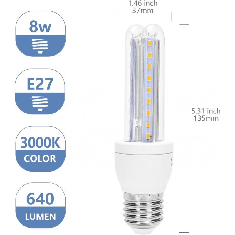 13,95 € Free Shipping | 5 units box LED light bulb 8W E27 3000K Warm light. Ø 3 cm. PMMA and Glass