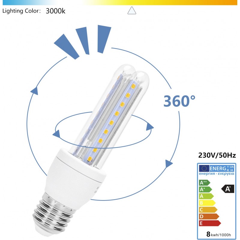 13,95 € Free Shipping | 5 units box LED light bulb 8W E27 3000K Warm light. Ø 3 cm. PMMA and Glass