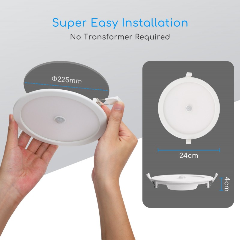 10,95 € Free Shipping | Recessed lighting 24W 6000K Cold light. Round Shape Ø 24 cm. Slim Downlight LED. PIR Motion Sensor. Ceiling mountable Aluminum and Polycarbonate. White Color